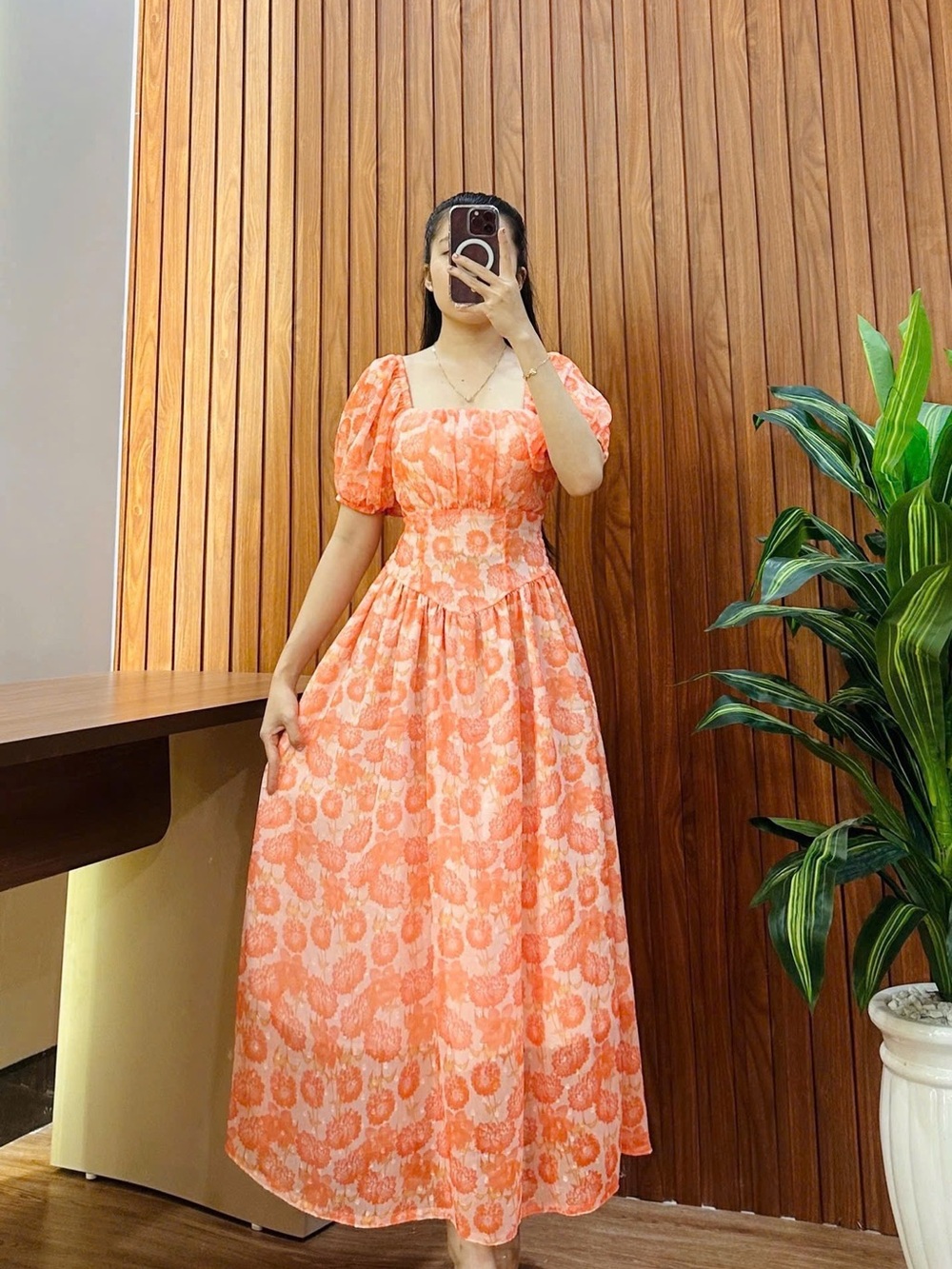 Floral Puff-Sleeve Orange Maxi Dress